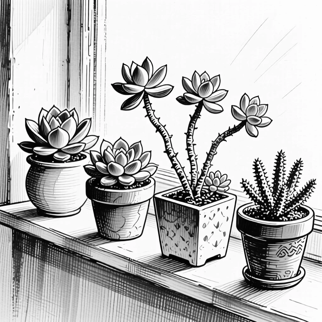 A potted succulent garden arranged on a windowsill in soft light, with stems bending gracefully under their own weight, composed in a peacefully simple still-life arrangement.