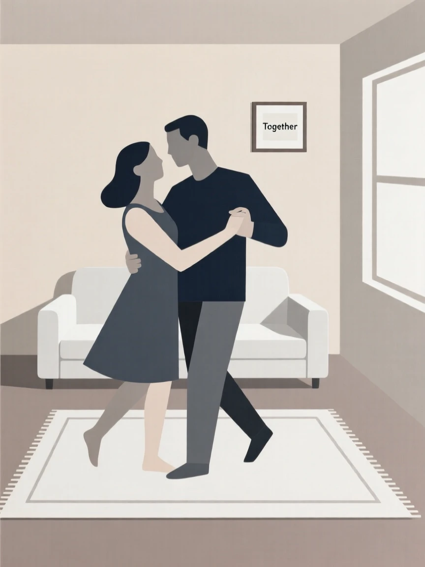 A couple slow dancing in their living room