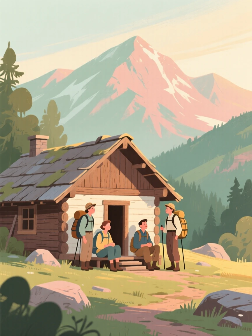 A group of trekkers pausing at a mountain hut for shelter