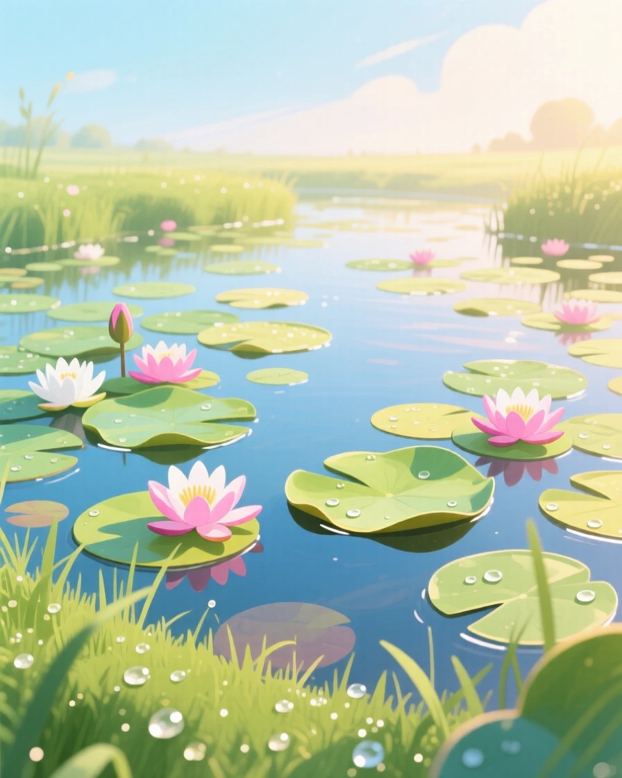 A quiet pond covered in blooming lily pads, with morning dew glistening on the grass, evoking peaceful serenity and awe.