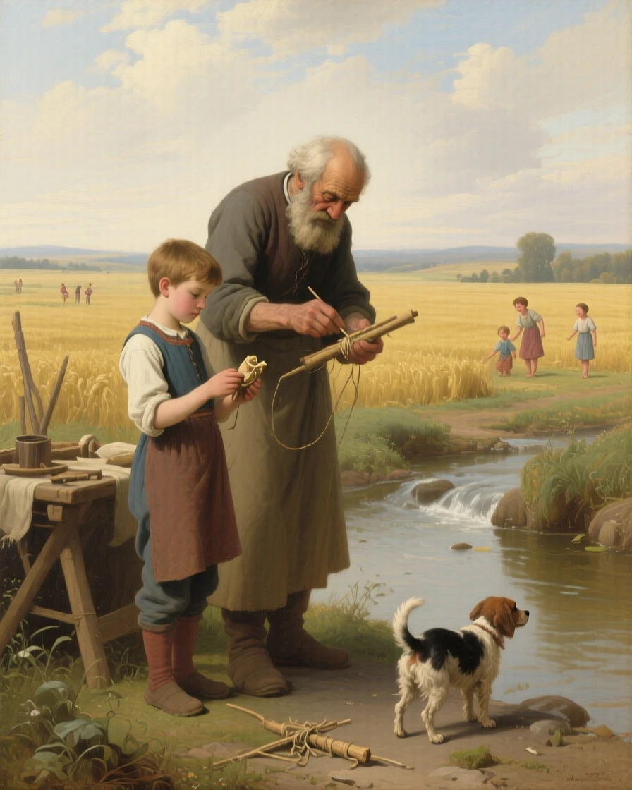 A young apprentice learning the trade from a patient craftsman at the gentle heart of a simple daily ritual, set beside a quiet stream at the edge of golden fields, with children's laughter and a stray dog weaving underfoot; the horizon and open sky give even modest labor room to breathe, evoking dignity, warmth, and the quiet poetry of daily life.