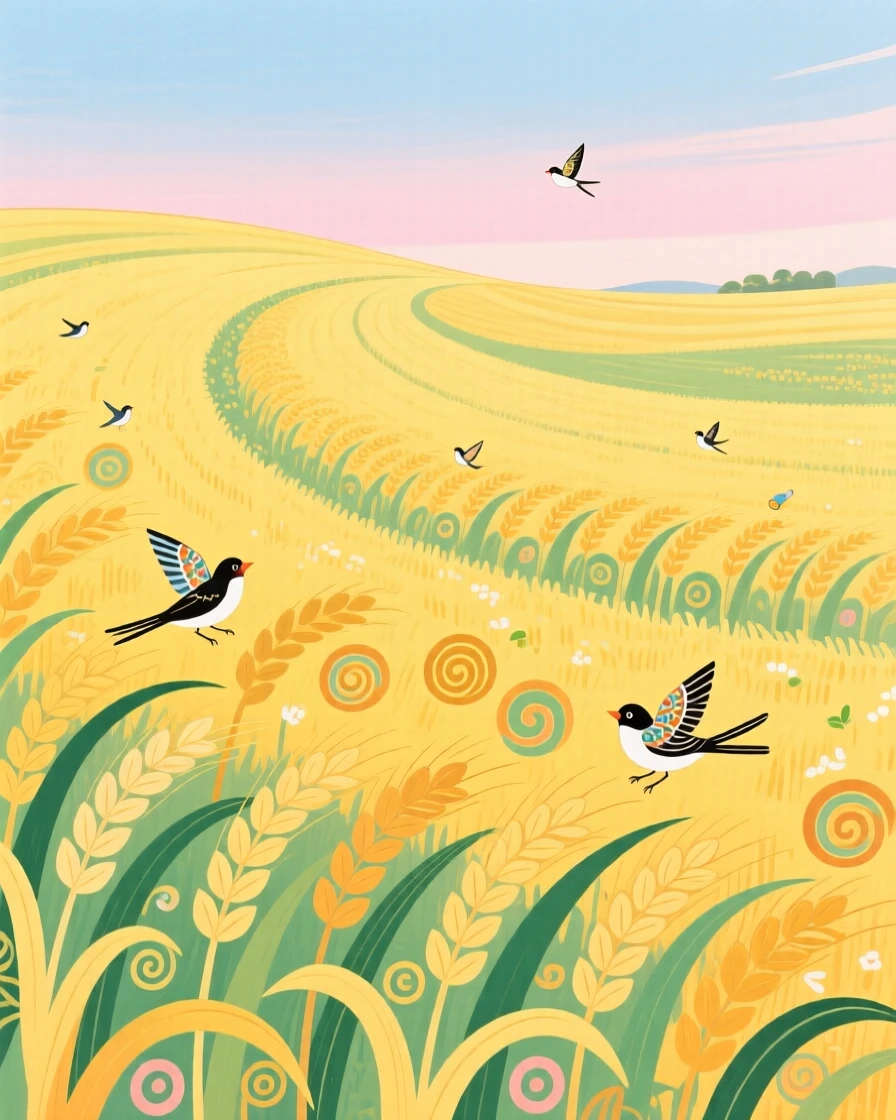 A sweeping view of a wide field of golden barley in the soft light of early spring.