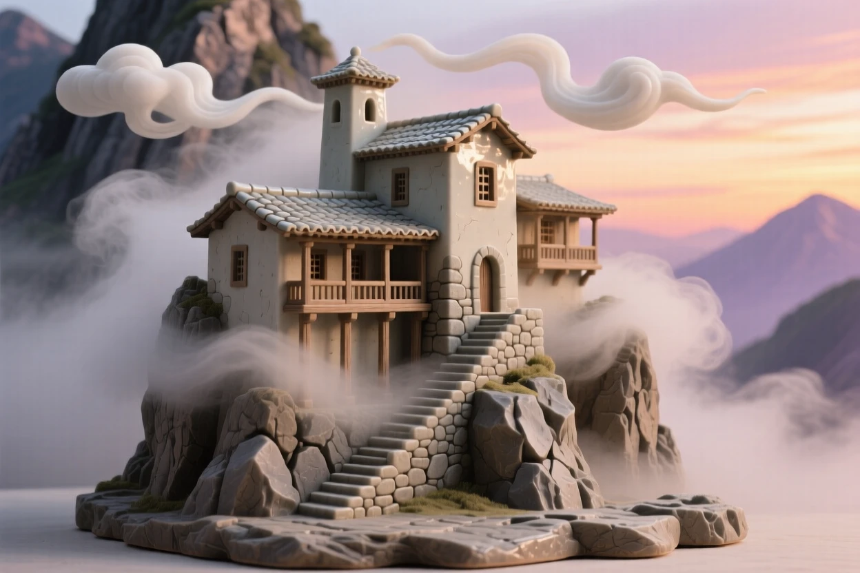 A mountain monastery wreathed in mist captured in the soft glow of sunset, framed by drifting clouds overhead, evoking timeless wonder and quiet grandeur.
