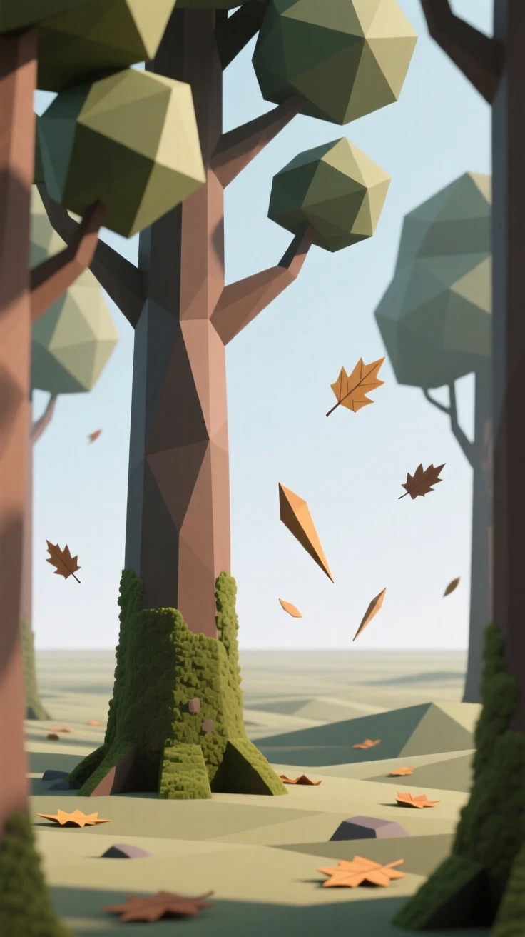 An ancient forest with moss-covered trees, as autumn leaves drift through the air. the horizon line anchors a balanced composition. A gentle warmth radiates through the scene.