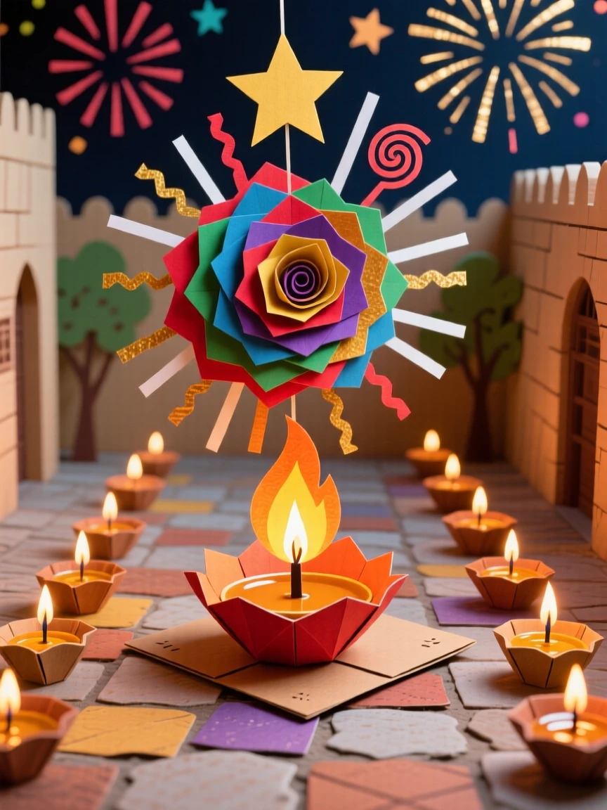 A vibrant Diwali celebration with rows of glowing oil lamps lining a courtyard, fireworks bursting in colorful patterns above, evoking joyful festival of lights.