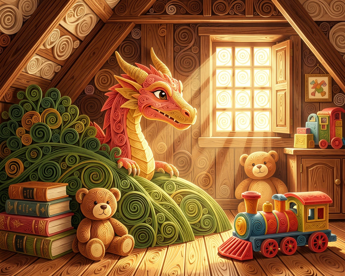 a picture-book dragon peeking shyly from behind a hill, in a cozy attic filled with childhood treasures, composed with a fun, exaggerated sense of scale, in warm sunny tones of gold and coral.