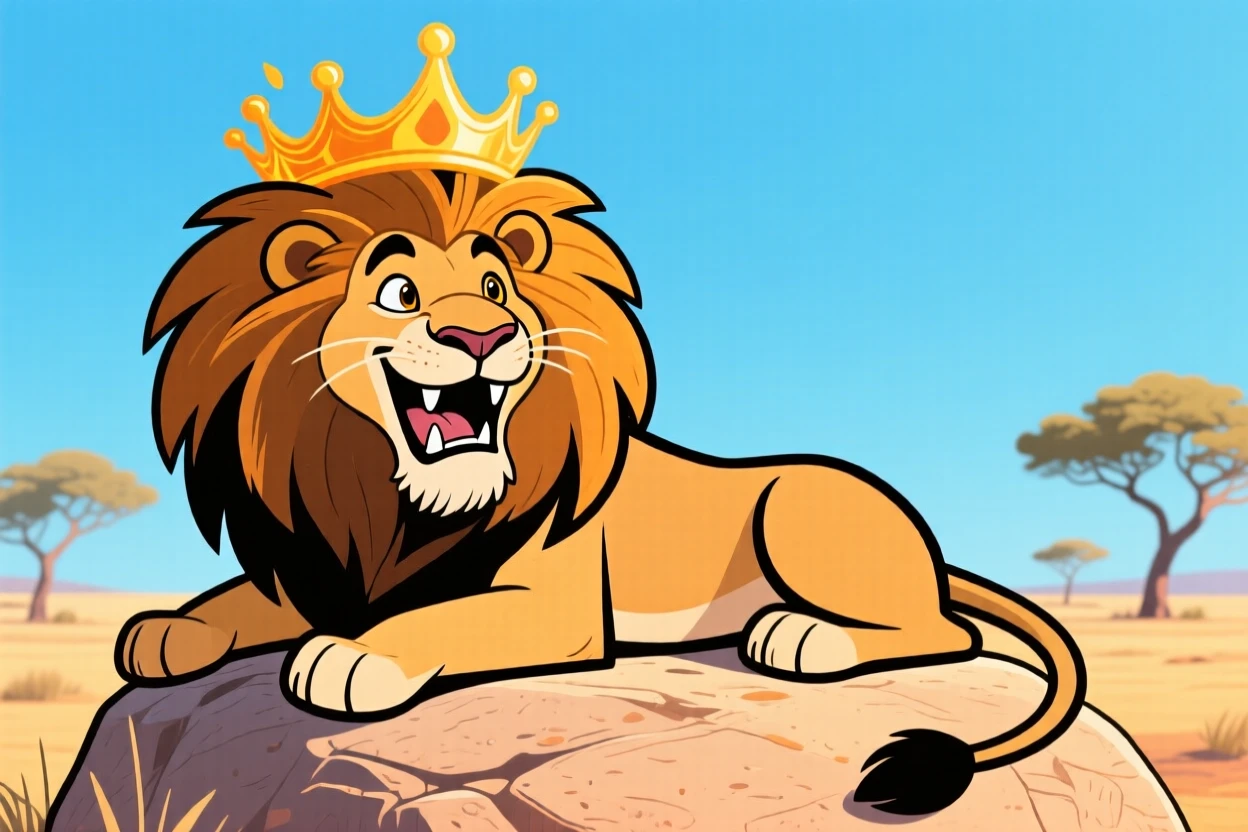 A charming animal moment featuring a proud lion with a magnificently oversized mane, lounging regally on a rock.