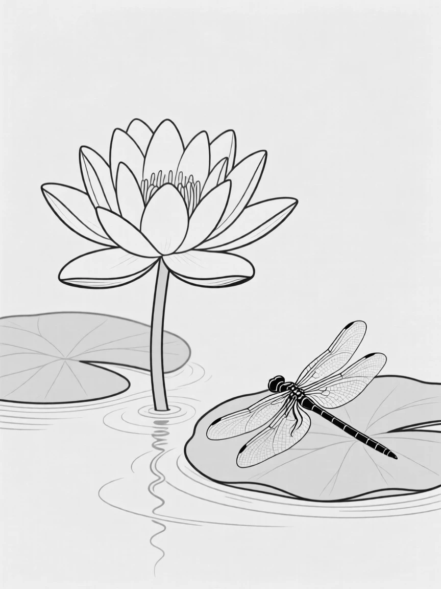 A single water lily with a dragonfly resting nearby