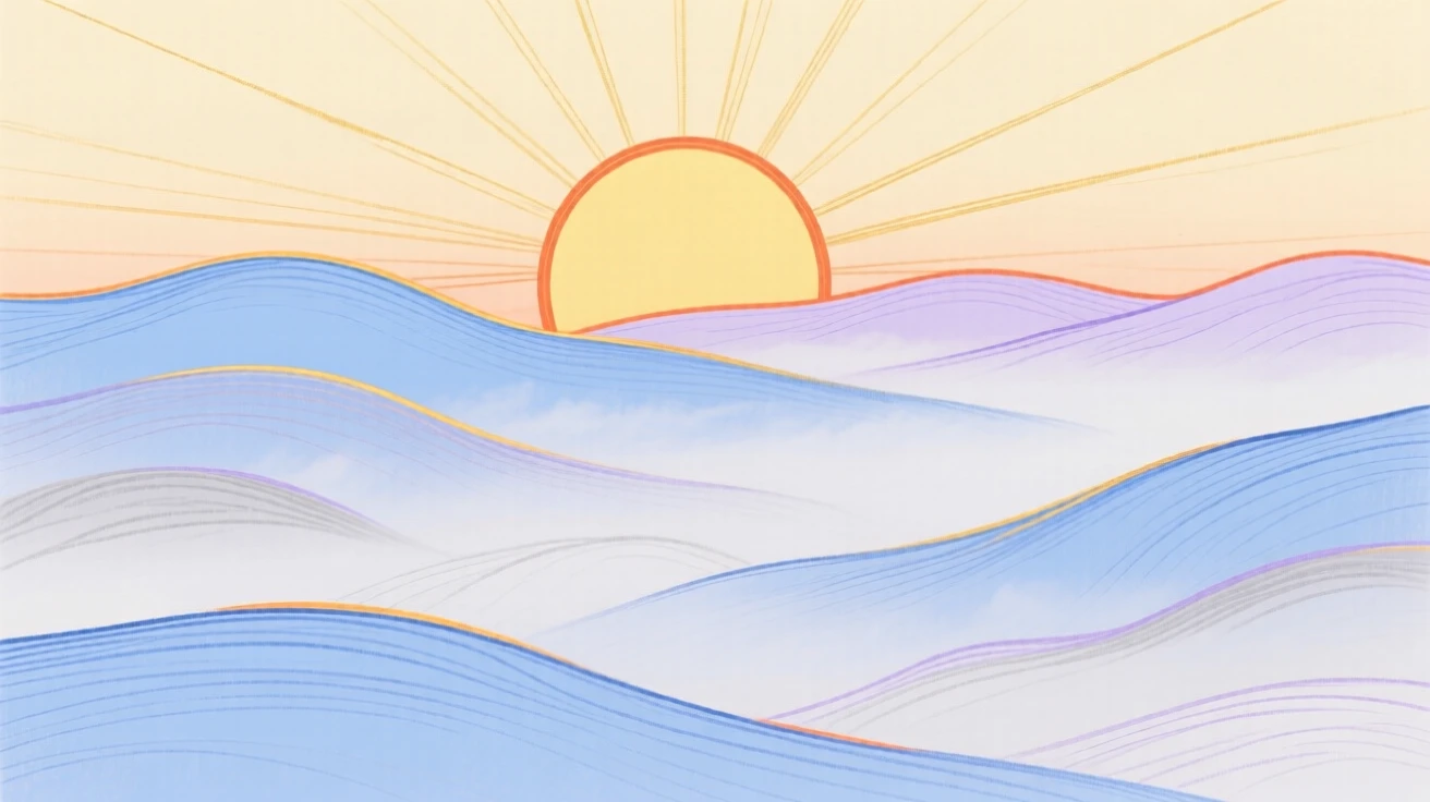A sunrise over layered fog-covered hills.