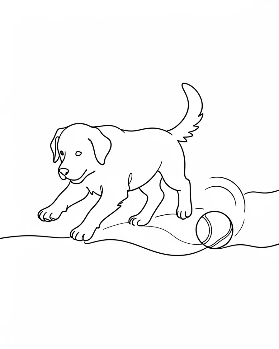 A golden retriever puppy chasing a bouncing tennis ball across a backyard lawn