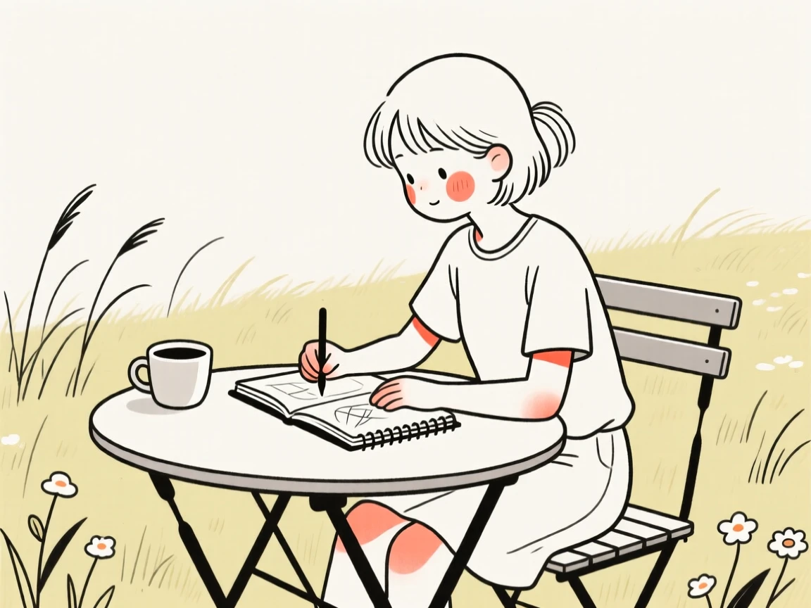 A teenager sketching in a notebook at a cafe, in a sunlit meadow.