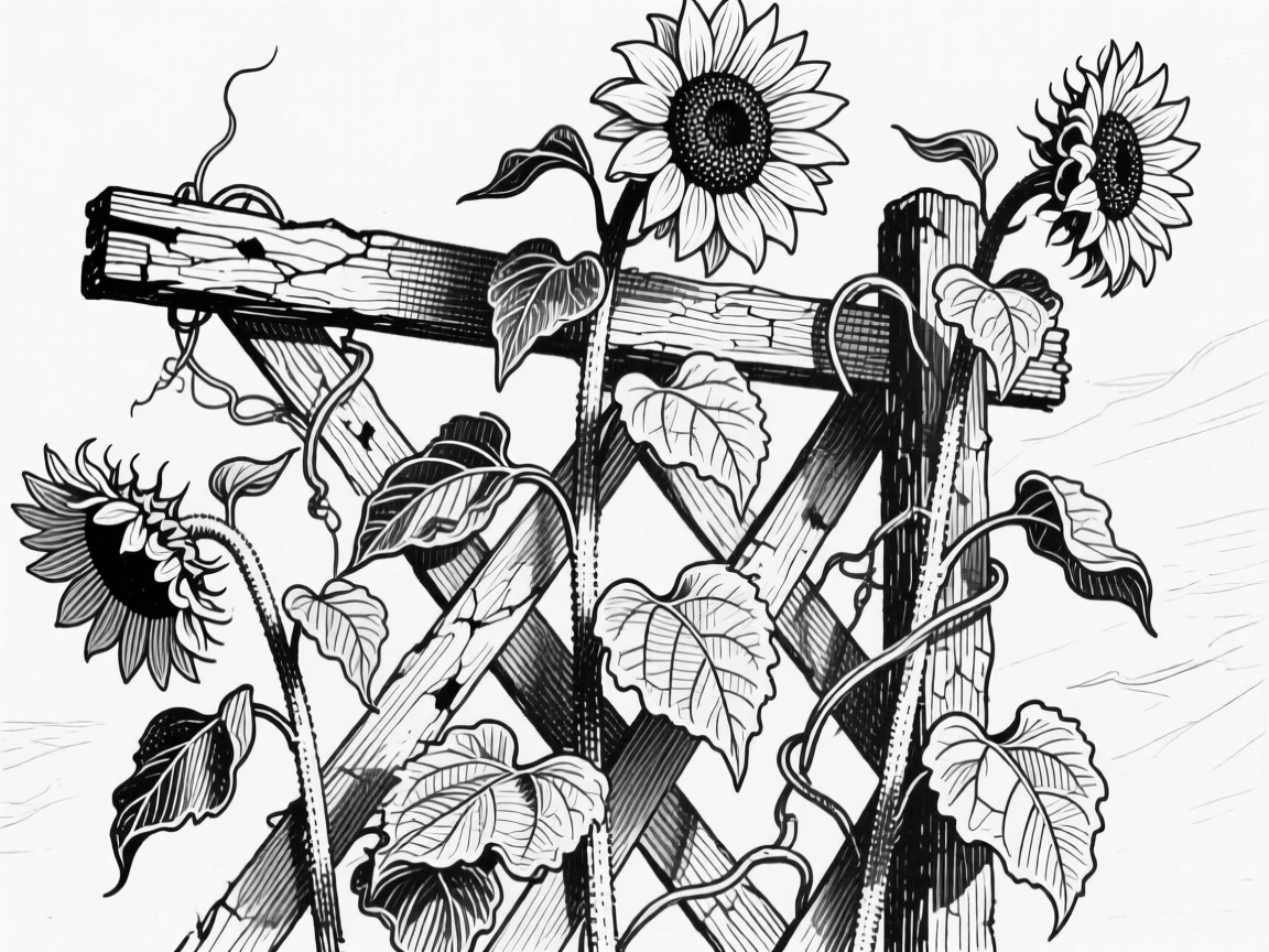 A cluster of sunflowers climbing up a weathered trellis, with delicate veins visible in each leaf, composed in a classic and refined still-life arrangement.