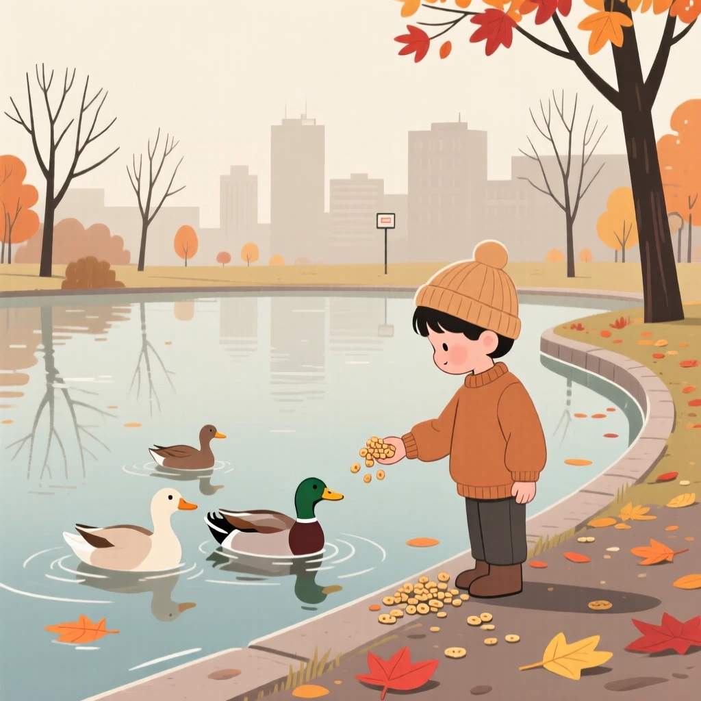 A small child feeding ducks at a pond on a quiet autumn day in the city.