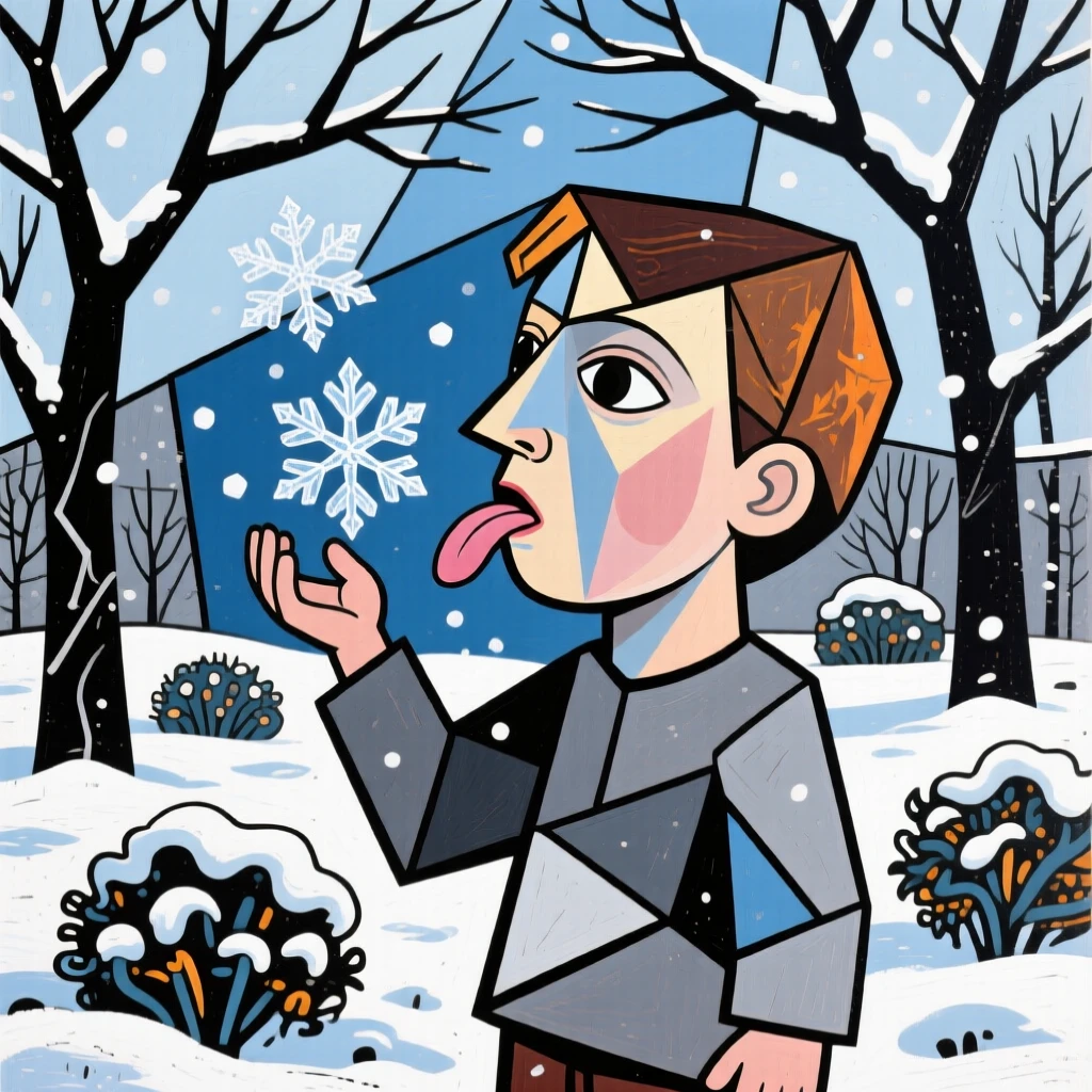 A child catching snowflakes on their tongue in a quiet winter garden.