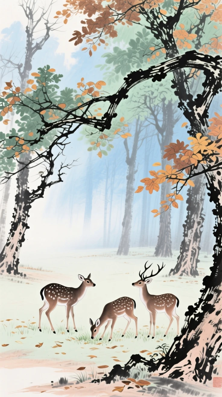 A family of deer grazing quietly in a misty forest clearing, at the turn of autumn.