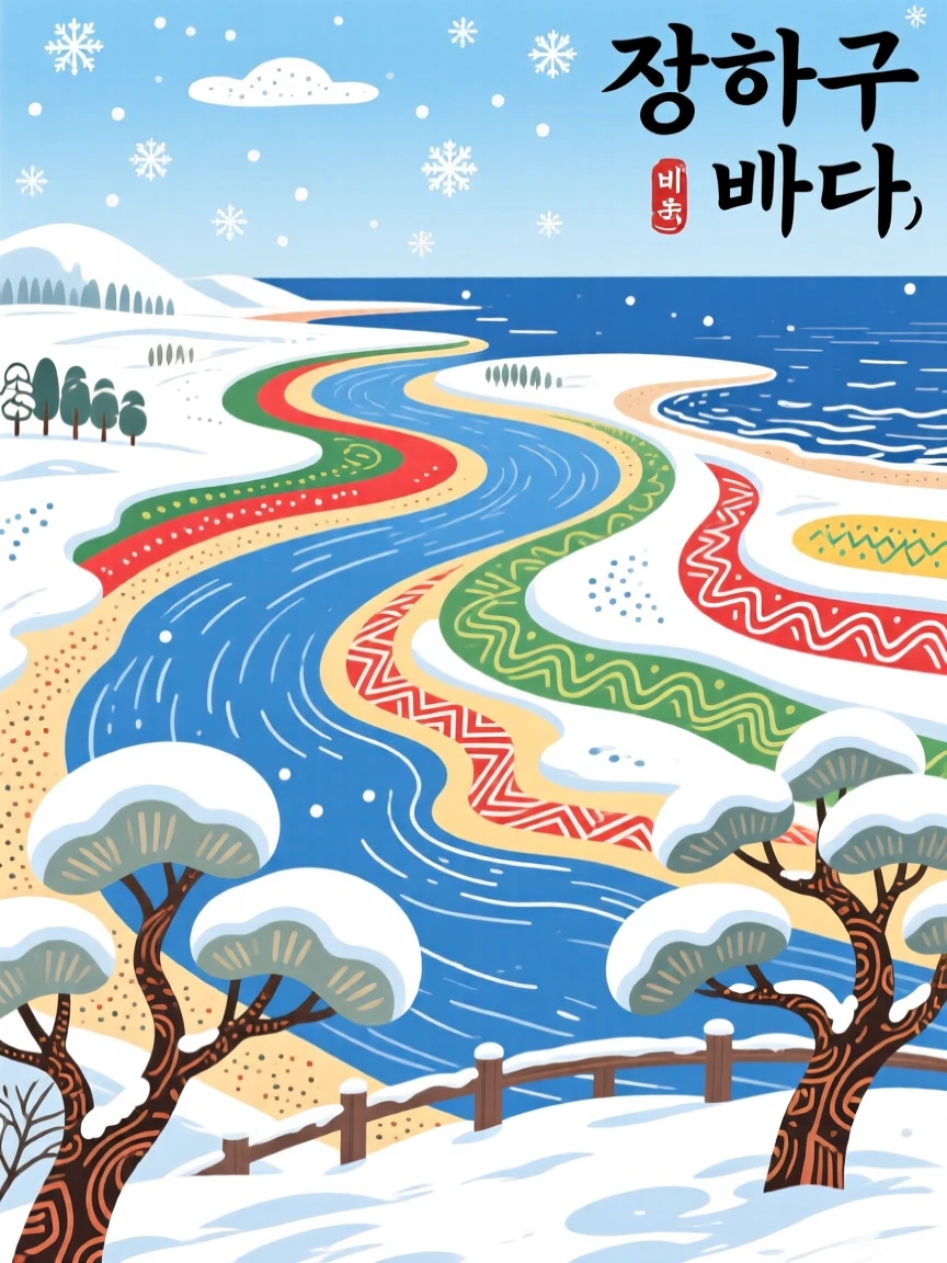 A river delta at the edge of the sea seen from a quiet overlook, under a blanket of fresh snow.