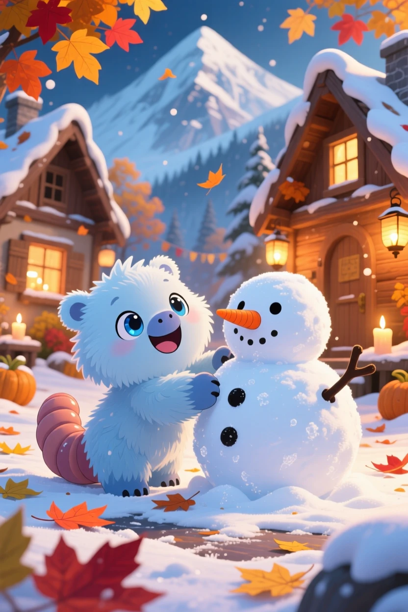 Worm's-eye view of a gentle ice yeti cub, building a snowman twice its size, in a frosty mountain village, during golden autumn harvest season, illuminated by gentle candlelight, radiating bubbly enthusiasm.
