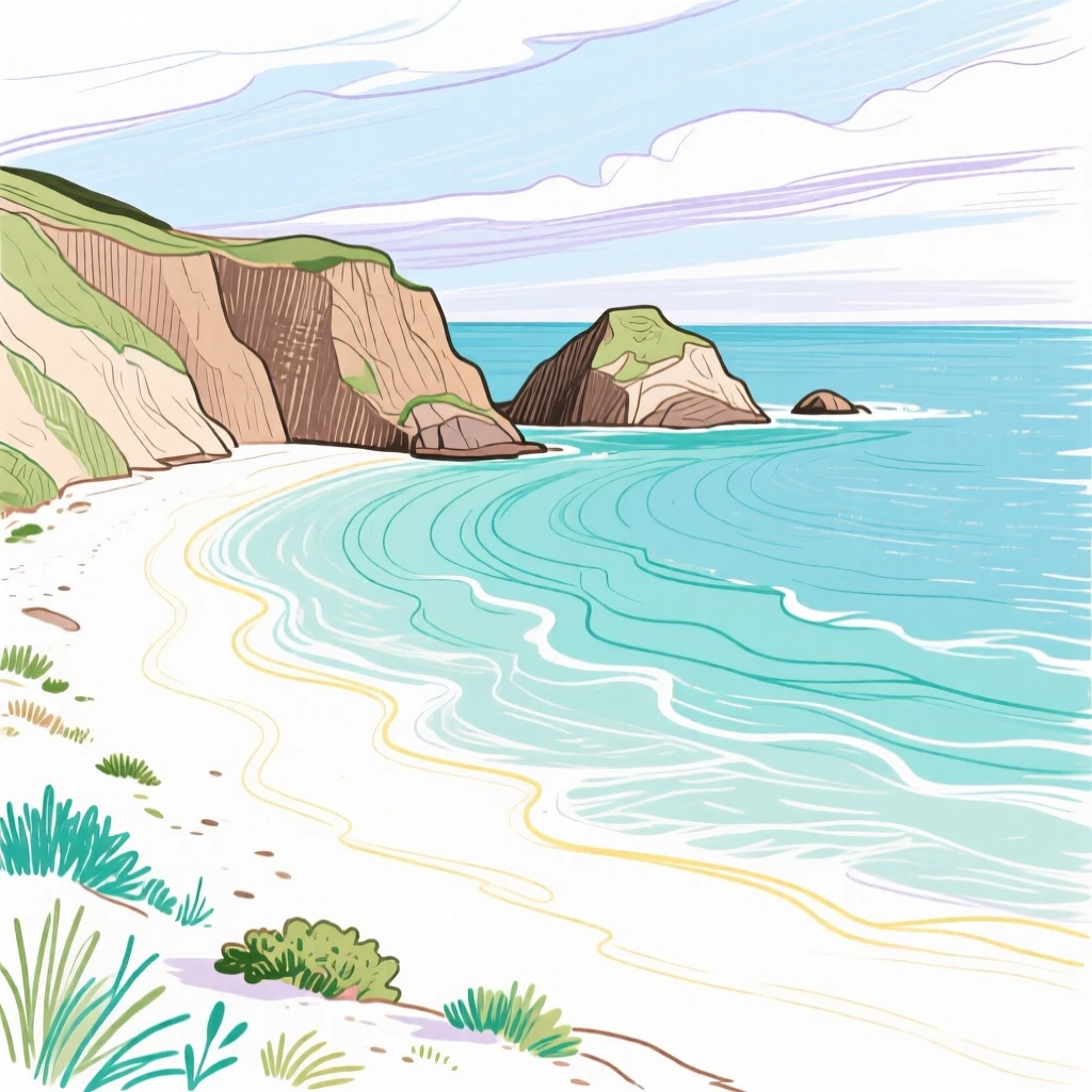 A secluded beach cove with turquoise water and white sand.