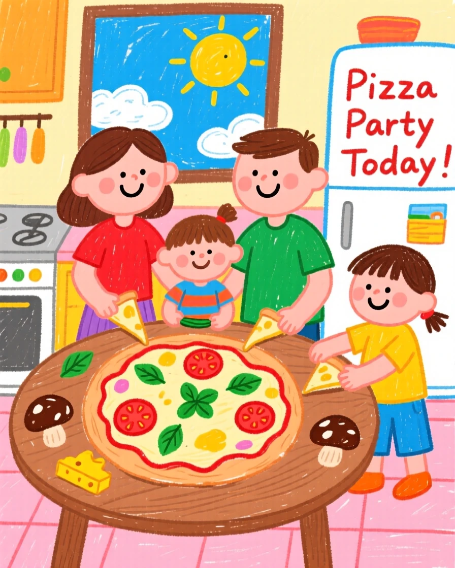 A family making pizza together with fresh toppings.