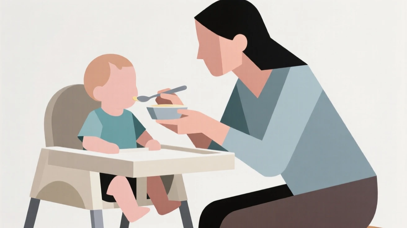 A mother feeding her toddler at a high chair