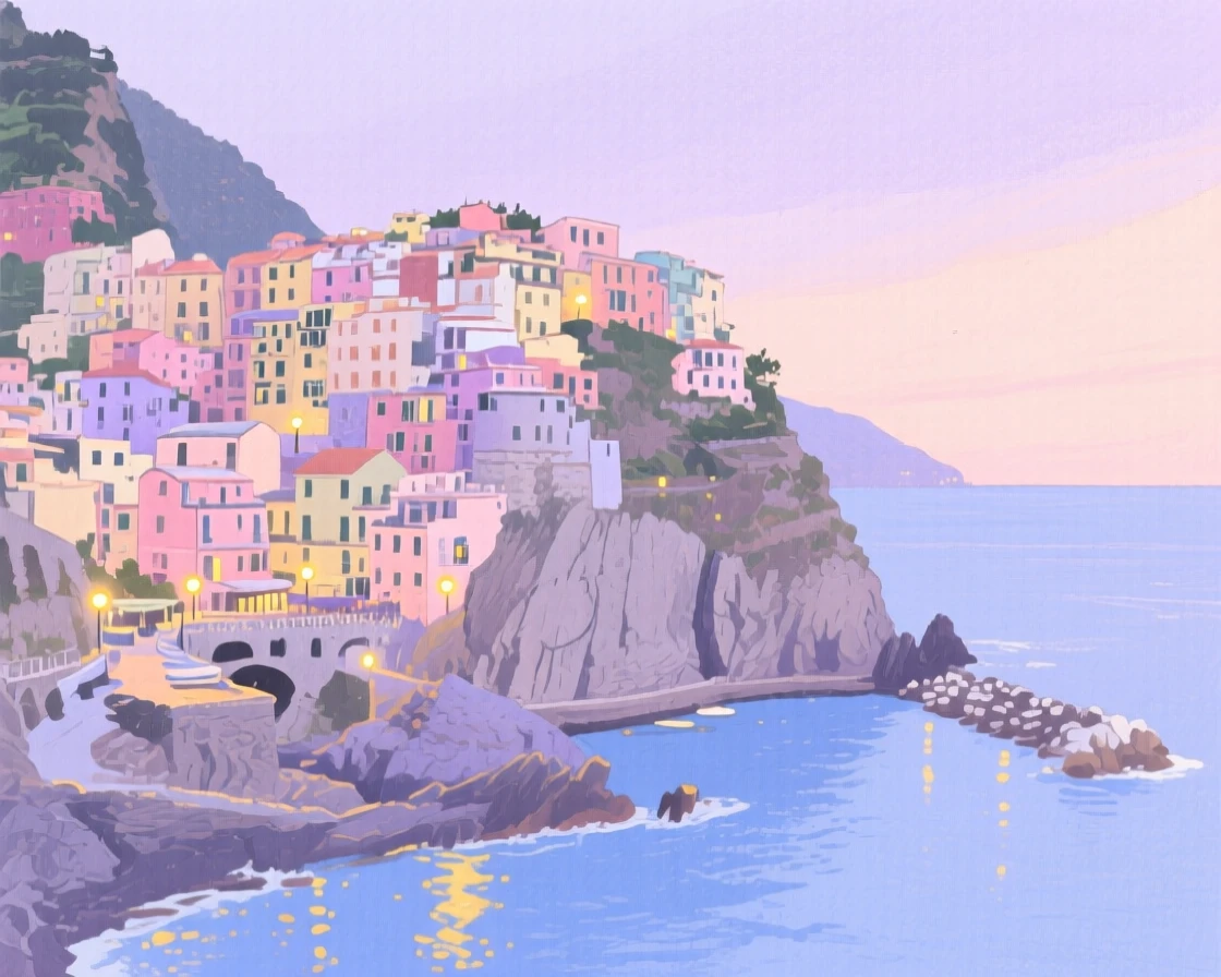 A picturesque view of a coastal town in Portugal with pastel buildings stacked along the hillside, as evening lights begin to glow