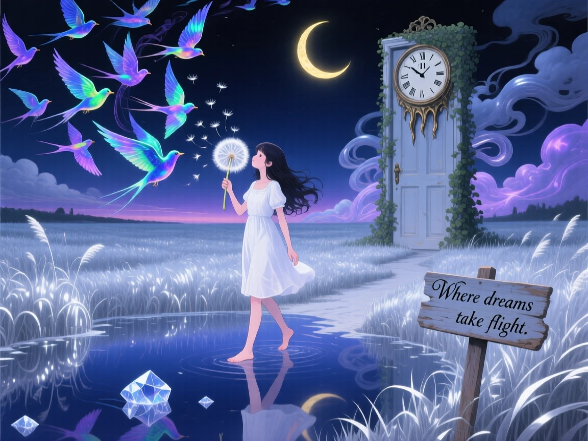 A girl blowing dandelion seeds that turn into birds mid-air walks slowly through a field of tall silver grass, as the ground beneath them slowly turns to still water.