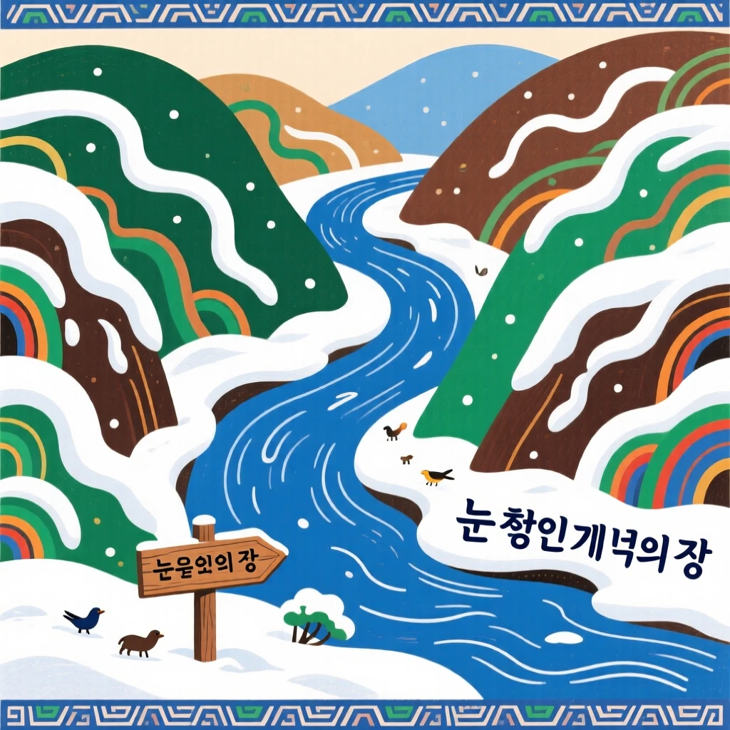 A winding river through a deep valley, under a blanket of fresh snow.
