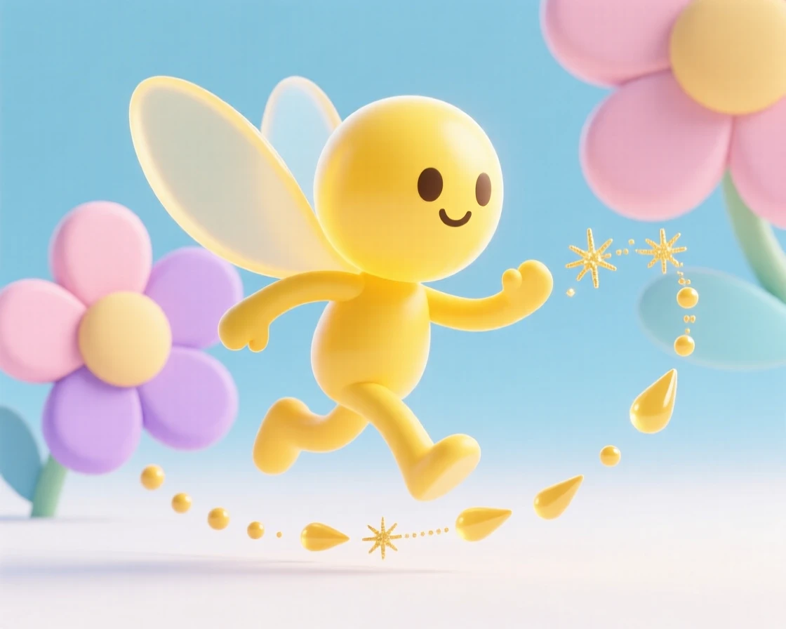 A playful sprite made of pure sunlight darts between flower petals, leaving a trail of golden sparkles.