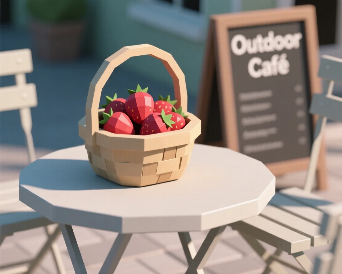 A basket of freshly picked strawberries, at an outdoor café table. a shallow depth of field keeps focus on the food. A cozy, relaxed feeling fills the scene.