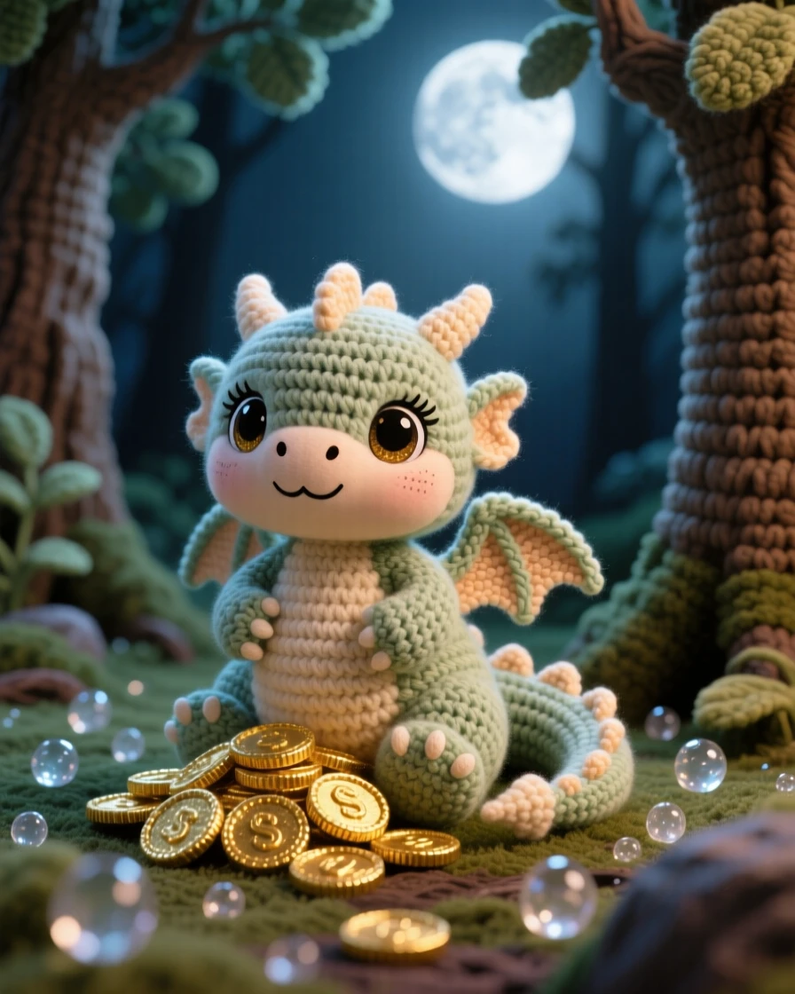 A charming portrait of a small baby dragon hoarding treasure, curled protectively around shiny coins, guarding a small pile of gold with pride beside a scattering of shimmering dewdrops in a moonlit clearing surrounded by ancient trees, conveying a soft, comforting sense of belonging.