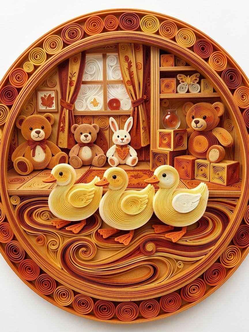 a duckling family paddling in a neat row in a cozy nursery filled with soft toys, in cozy autumn tones of amber and rust, framed in a close-up circular vignette.