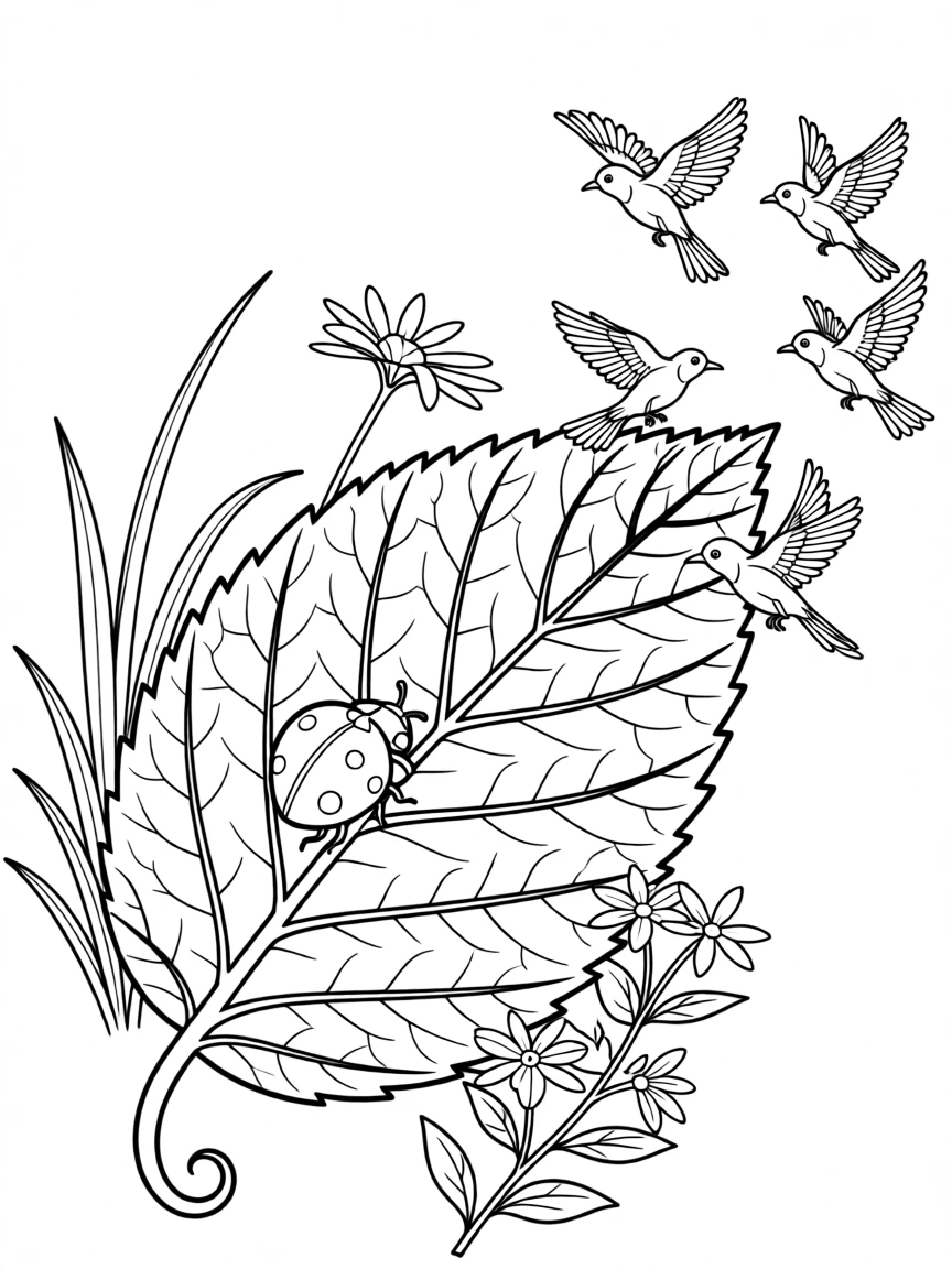 A ladybug crawling along the veins of a large leaf, with a flock of small birds scattering nearby.
