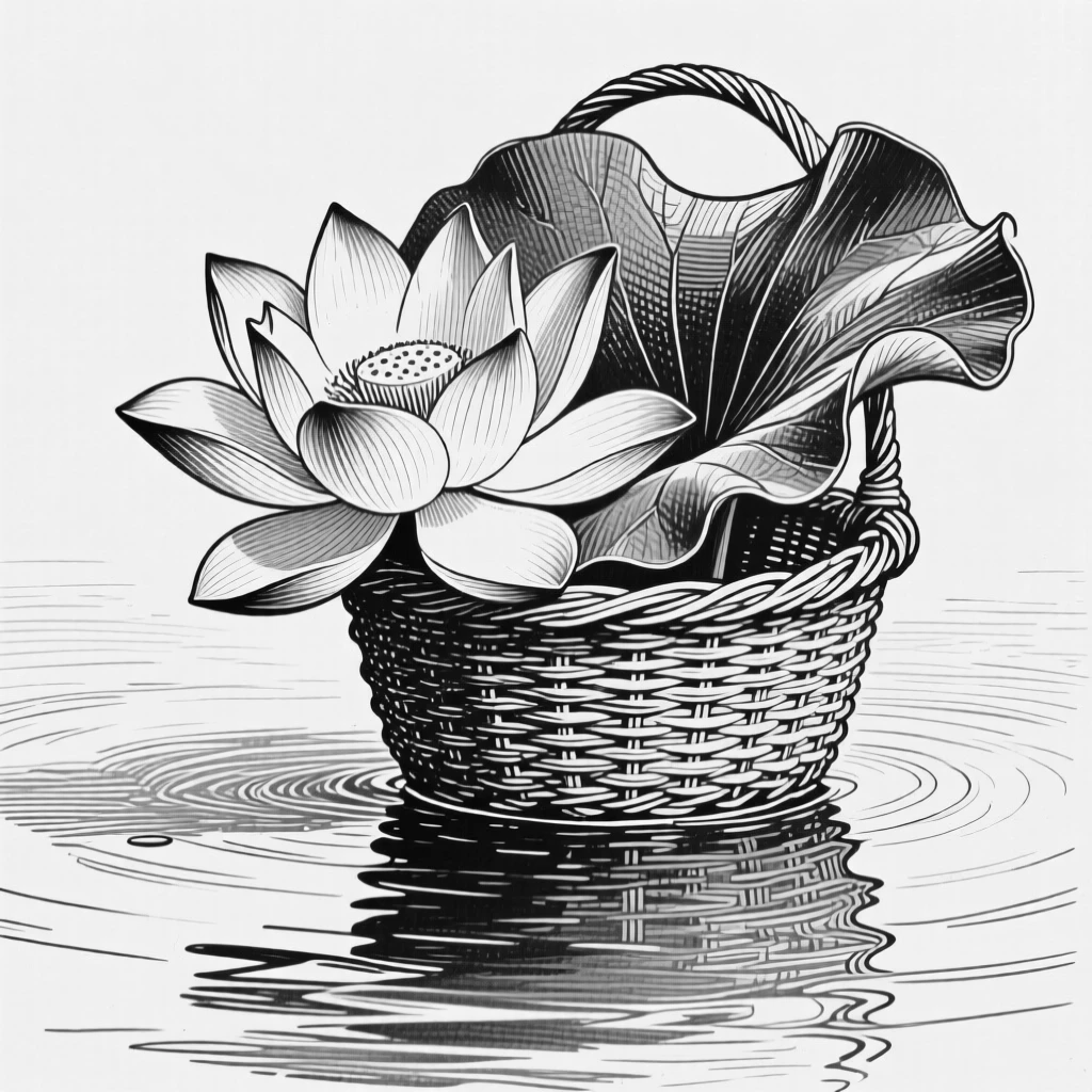 A lotus flower on still water spilling out of a wicker basket, with leaves curling gently at the tips, composed in a warmly inviting still-life arrangement.