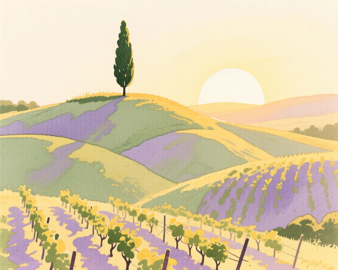 A golden hour view of rolling vineyard hills with a single cypress tree standing atop the highest ridge