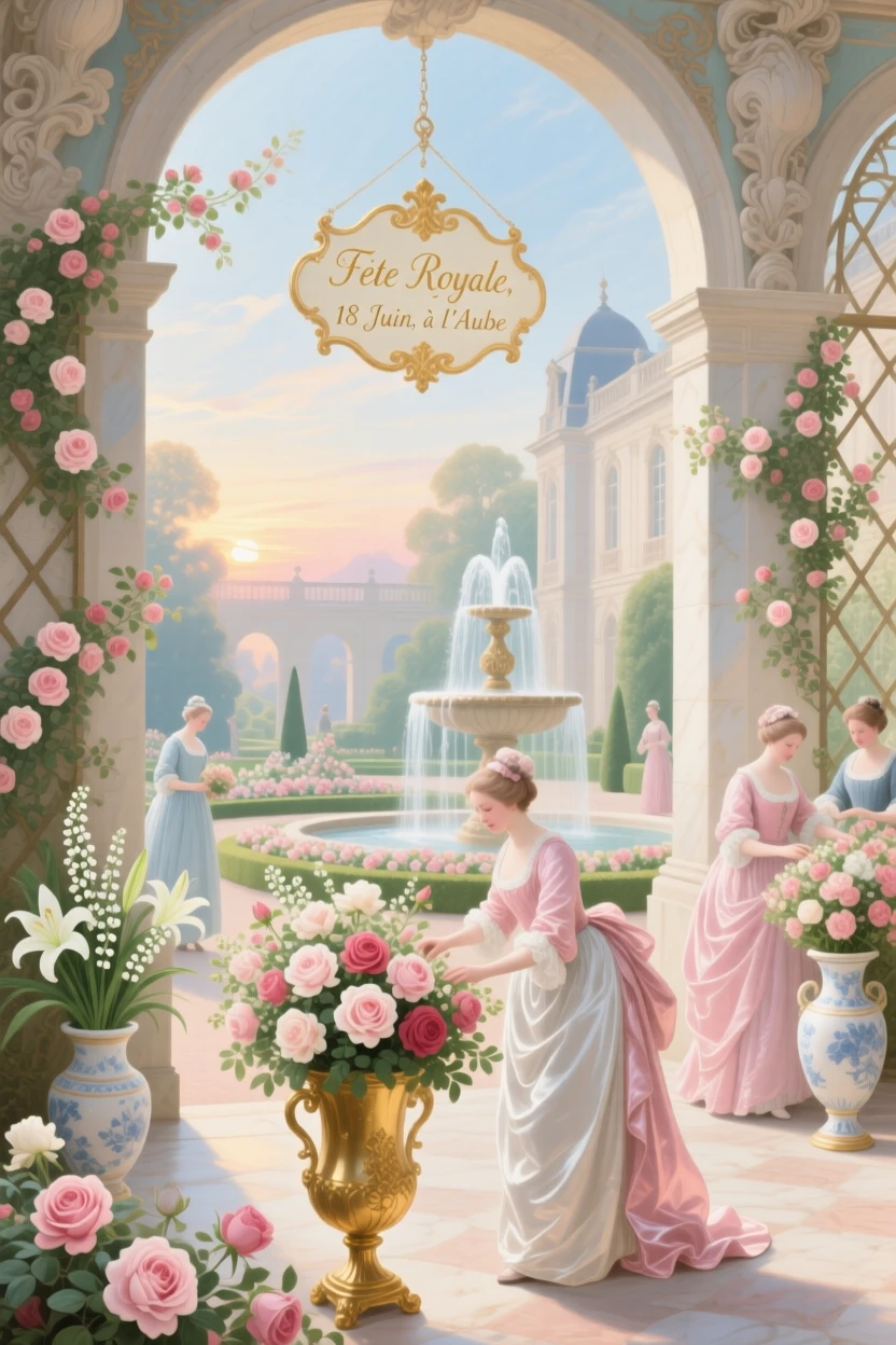 A palace courtyard at dawn with servants arranging flowers for a celebration  