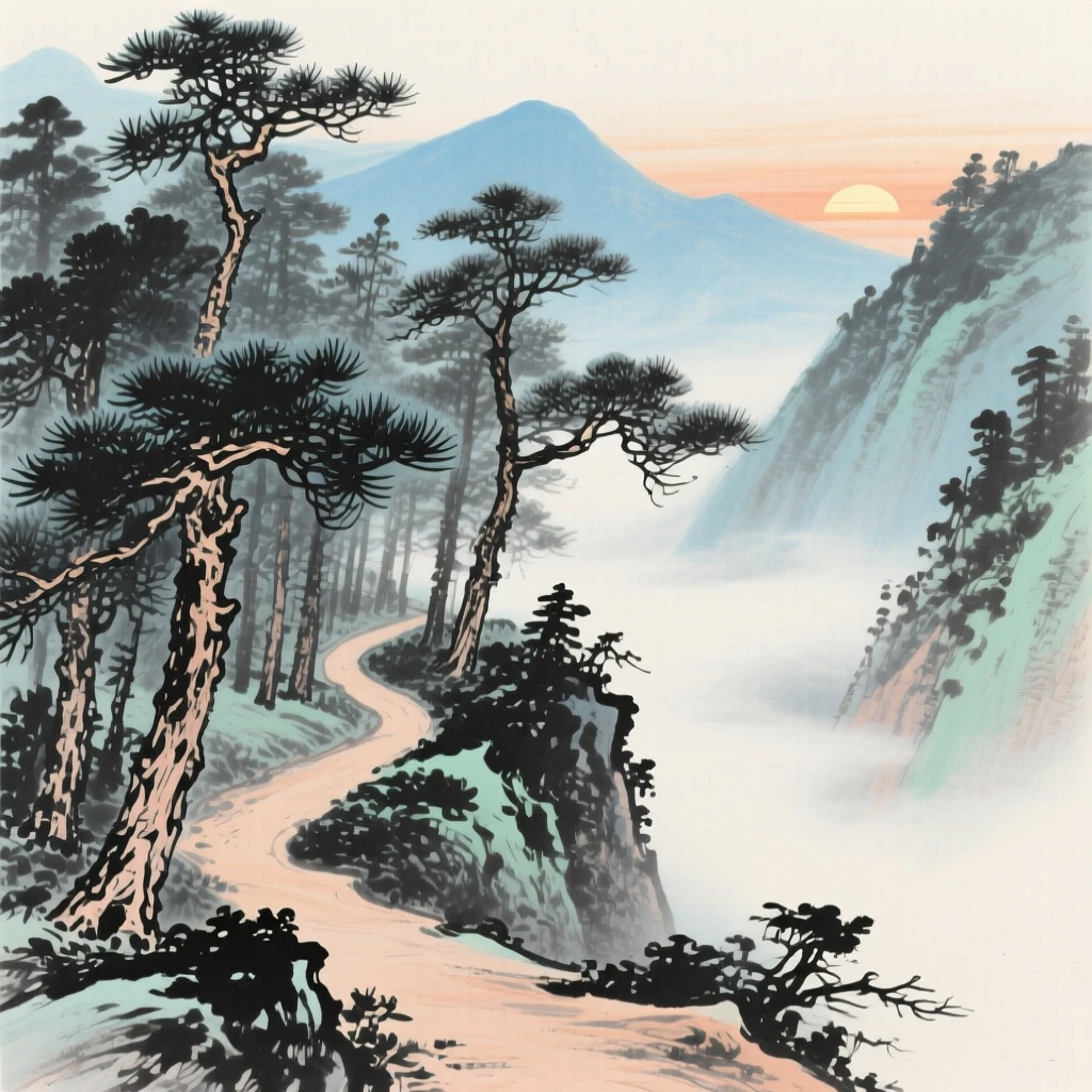 A narrow mountain path winding through pine forest, where mist curls upward from the valley floor, in the quiet hour before sunrise, through a light drifting mist.