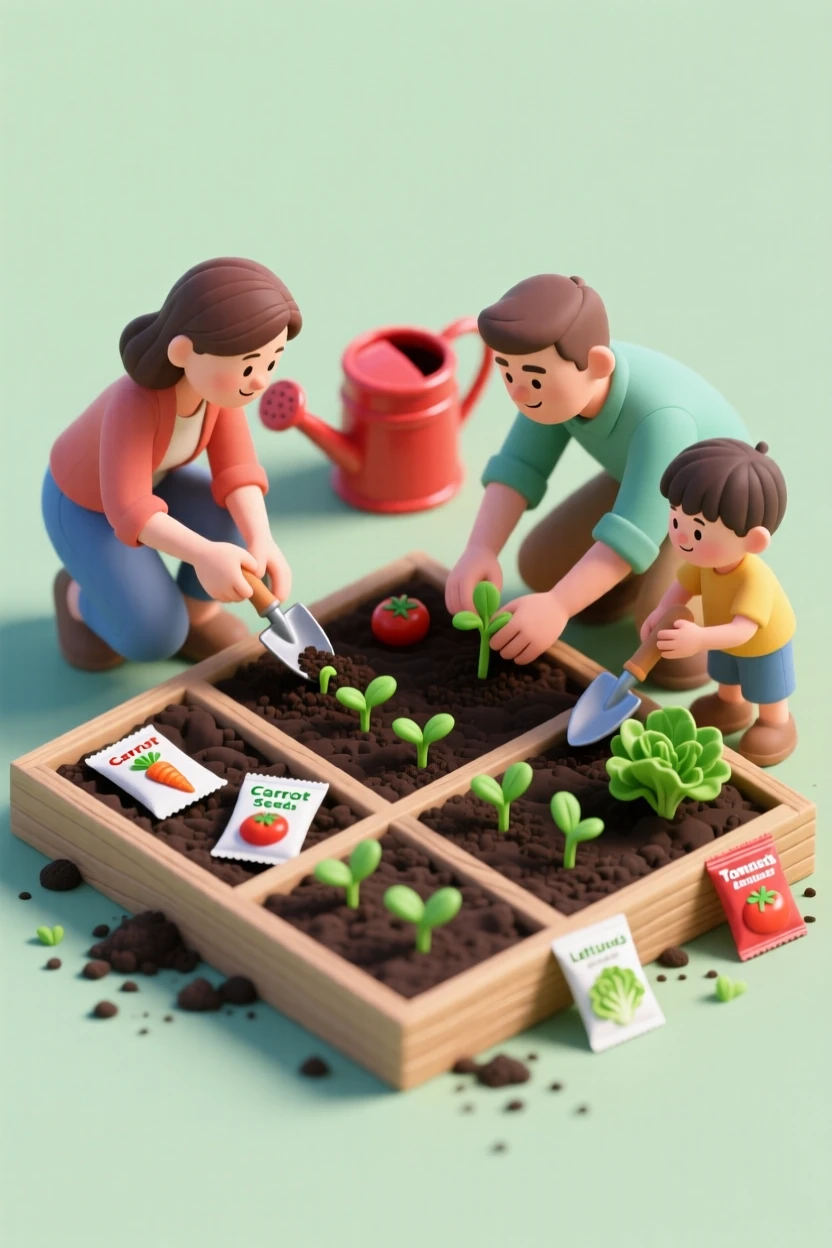 A family scene of planting a vegetable garden together, seed packets scattered on the soil, small shovels in hand, and a watering can nearby.