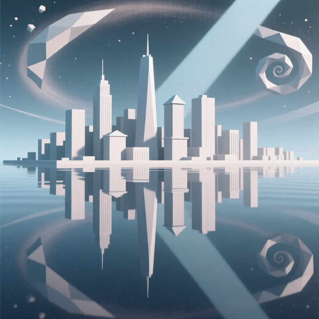 A city skyline reflected upside down in still water, surrounded by swirling cosmic dust. reflections and light rays add a layer of visual depth. It captures a feeling of peaceful isolation.