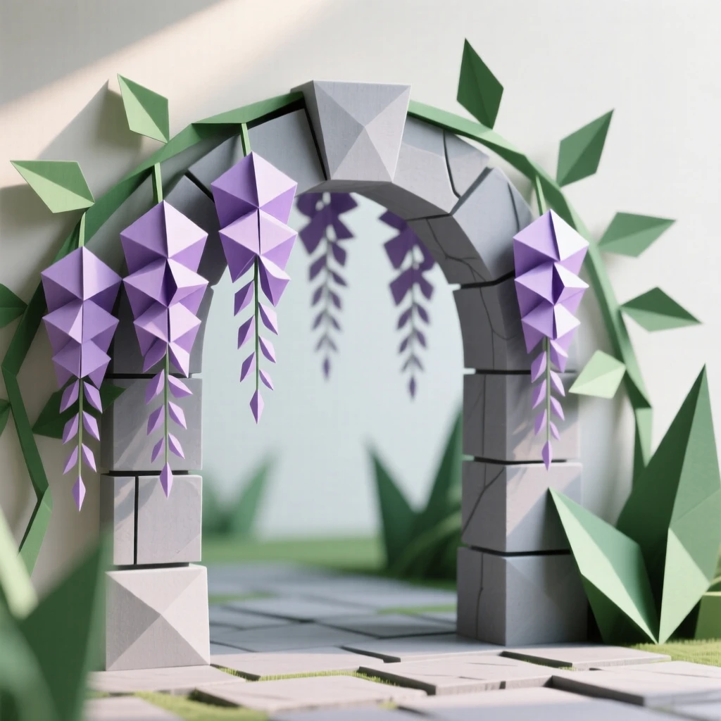 A peaceful garden courtyard filled with blooming wisteria draping over a stone archway.