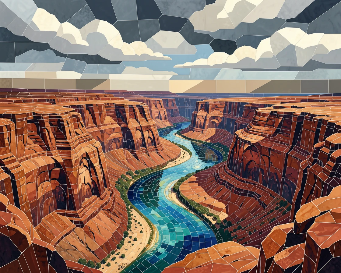 A wide panoramic view of a dramatic canyon river seen from high above winding through red rock, with dramatic clouds and rich natural color.