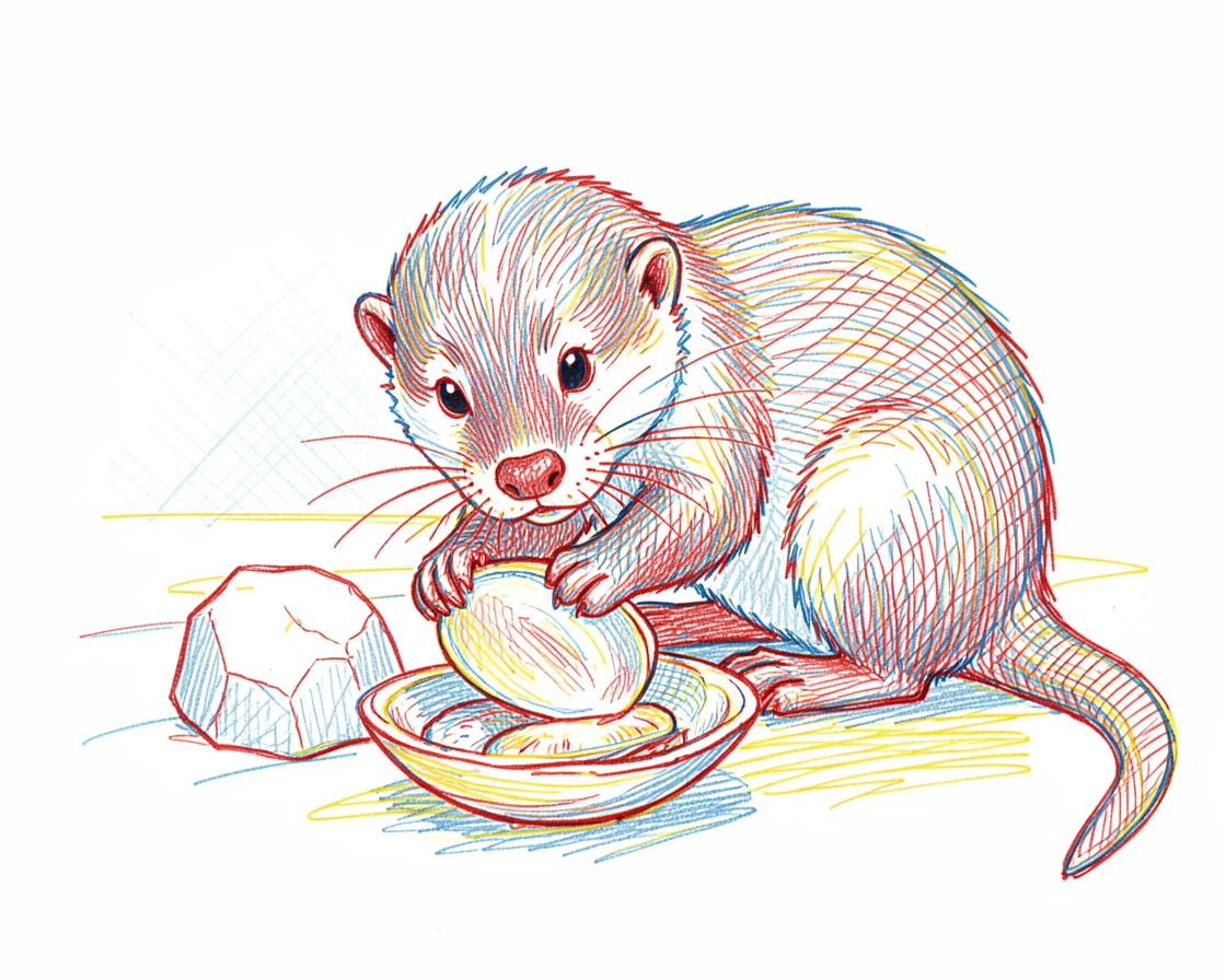 A curious otter cracking open a clam using a rock as a tool