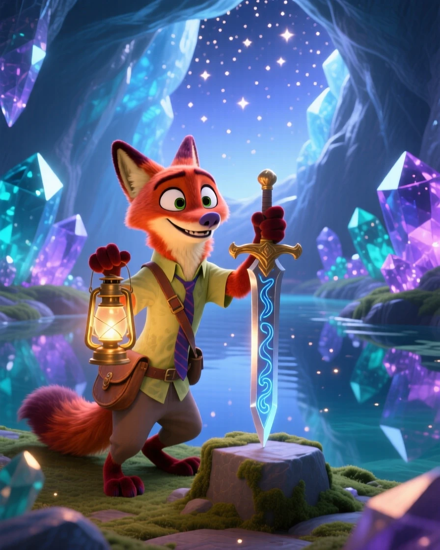 A talking fox with a lantern stands inside a crystal cave lit by glowing gems, polishing a gleaming enchanted sword. A quiet magic hums softly throughout the scene, with stars reflected in a nearby pool of water.