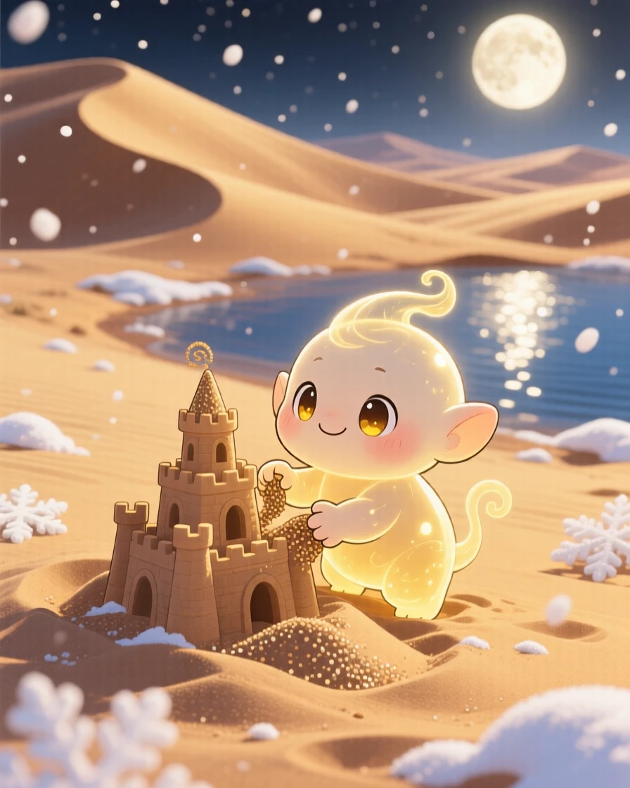 Dynamic diagonal composition of a sandy desert spirit, shaping a small dune into a castle, in a moonlit desert dunescape, amid softly falling snow, illuminated by shimmering reflected light off water, radiating warm affection.