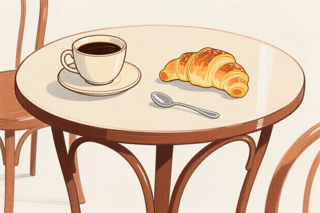 A charming café table set with a cup of coffee and a pastry.