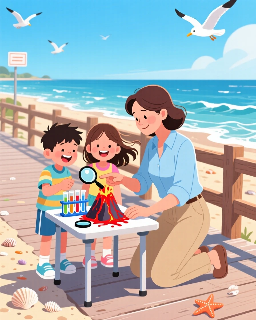A teacher helping students with a hands-on science experiment, along a scenic coastal boardwalk, framed to highlight connection between the people in the scene, with small joyful details like flying hair or bright laughter.