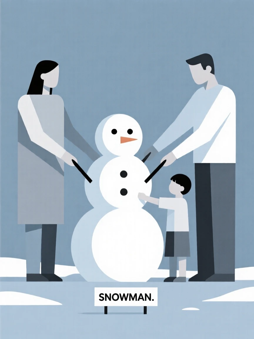 A family building a snowman together