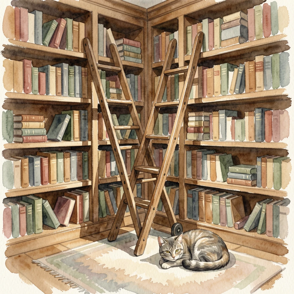A bookshelf-lined study with a rolling ladder with a cat curled up nearby.