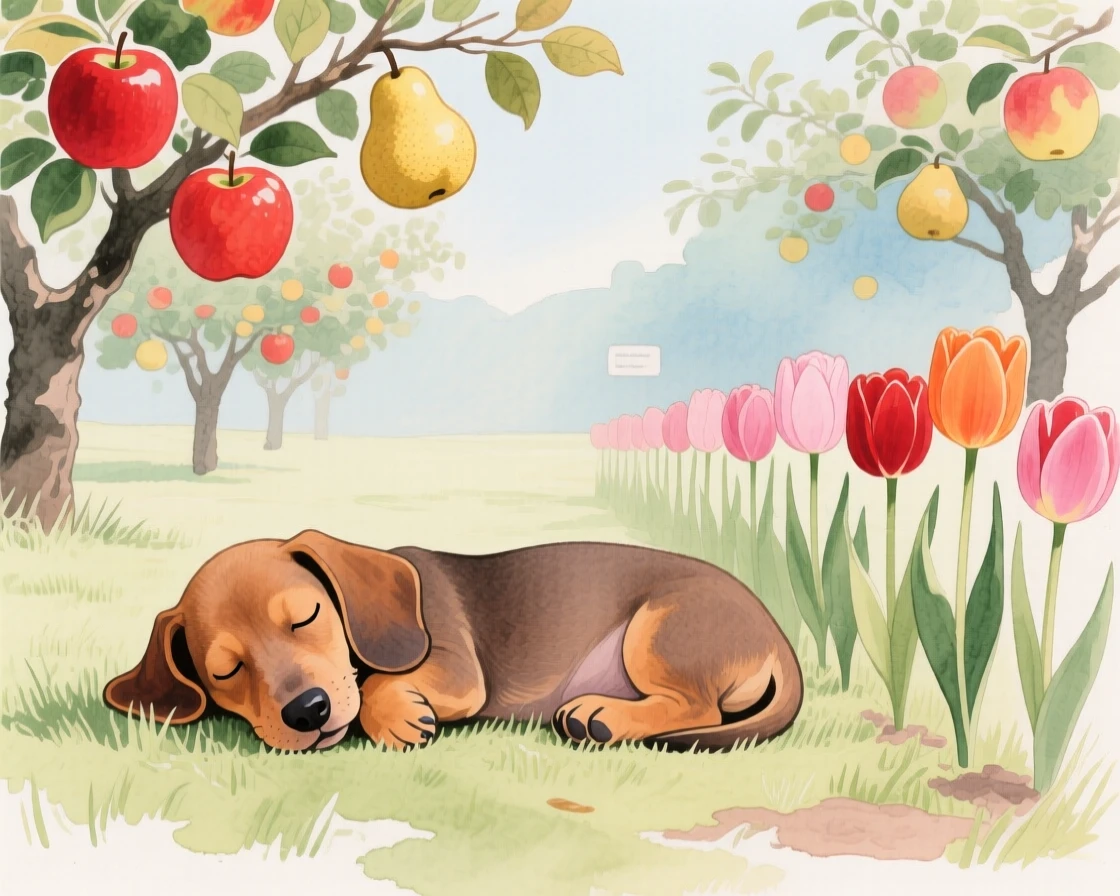 A dachshund puppy naps curled up in an orchard heavy with fruit, beside a row of blooming tulips
