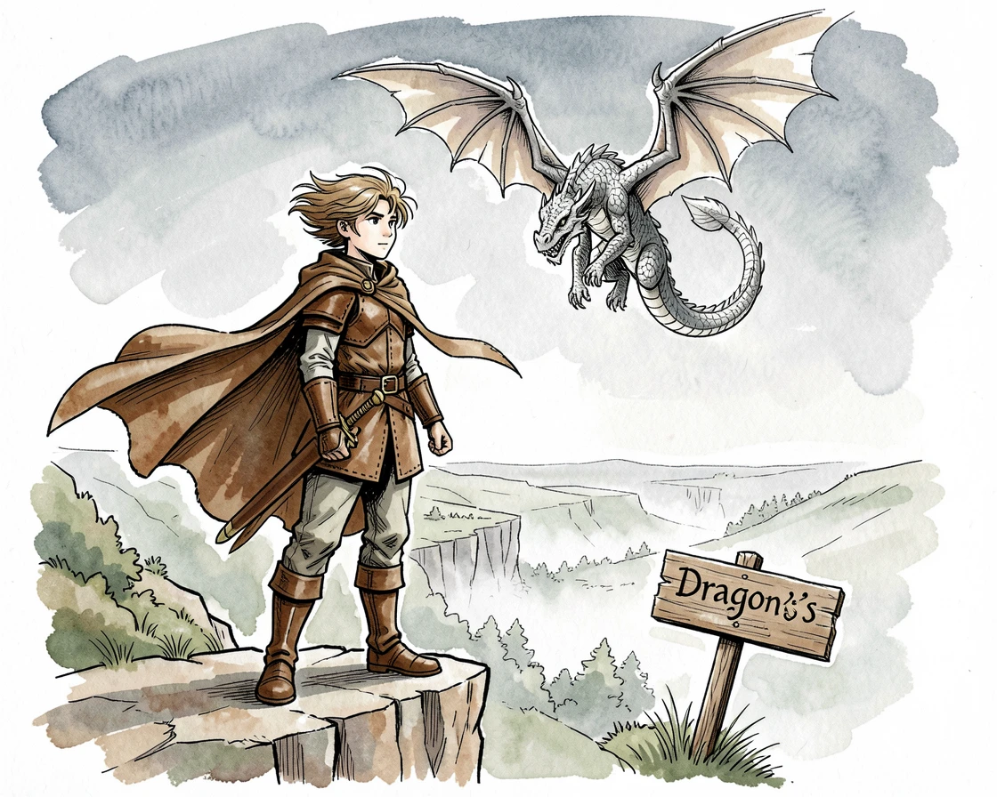 A young hero standing at the edge of a cliff, cloak billowing as a distant dragon circles overhead
