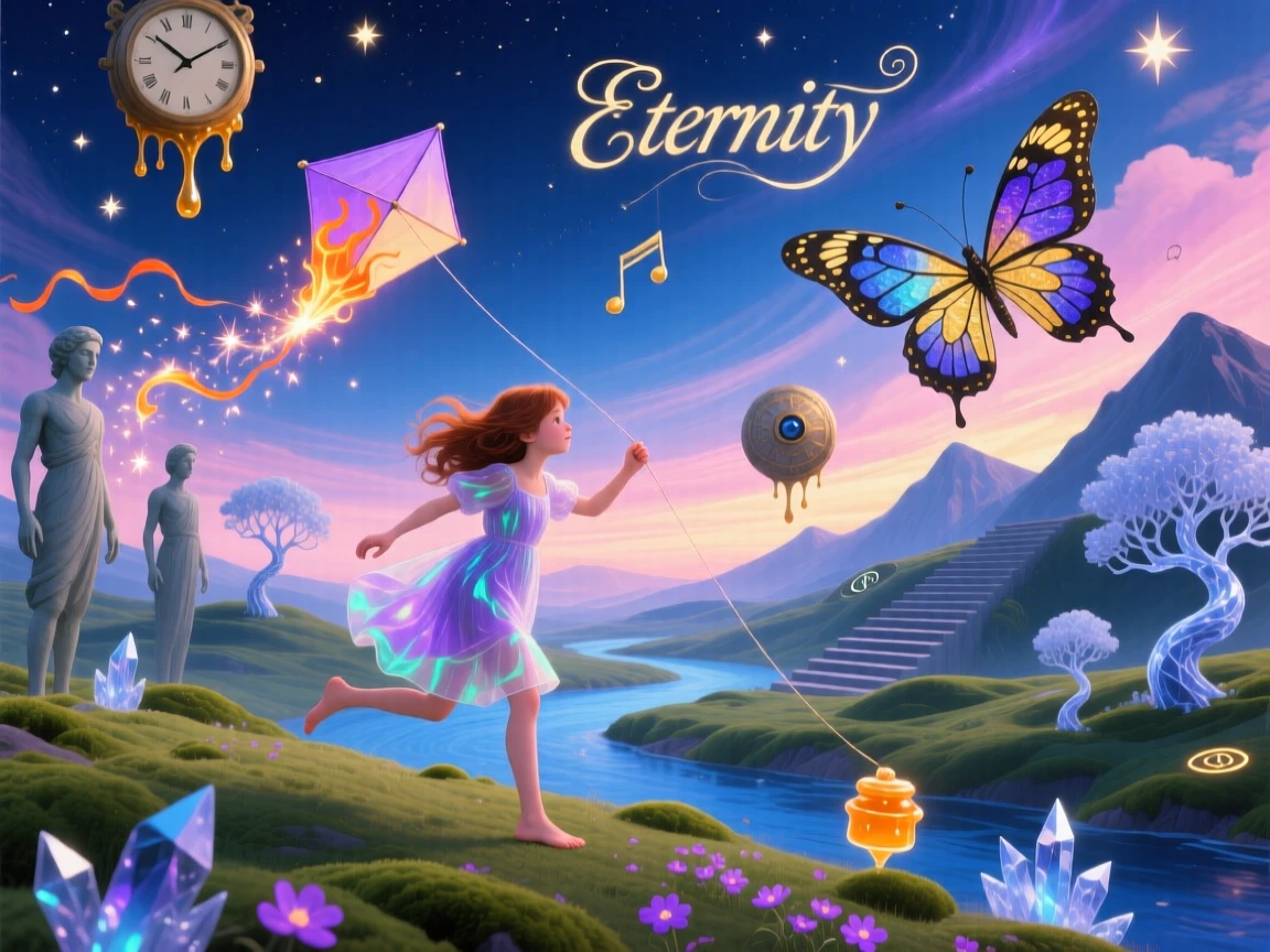 A young girl chasing a kite shaped like a small comet travels onward through a landscape that shifts gently around them, as everything around them holds still in quiet reverence.